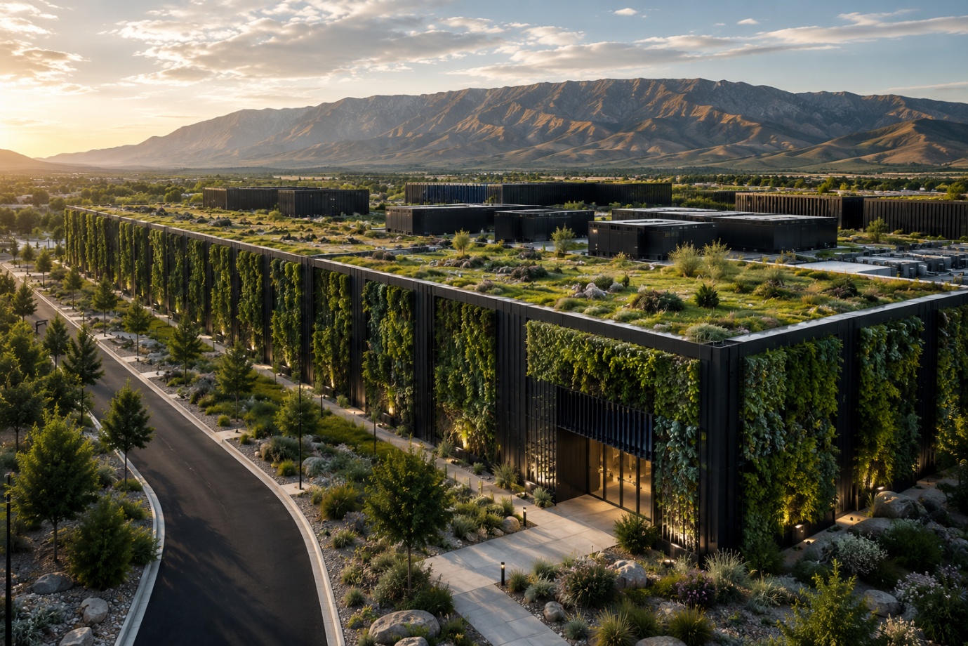 Living data centre with green walls, native planting, and mountain landscape